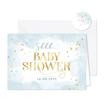 Babyshower jongen uitnodiging waterverf blauw confetti goud
